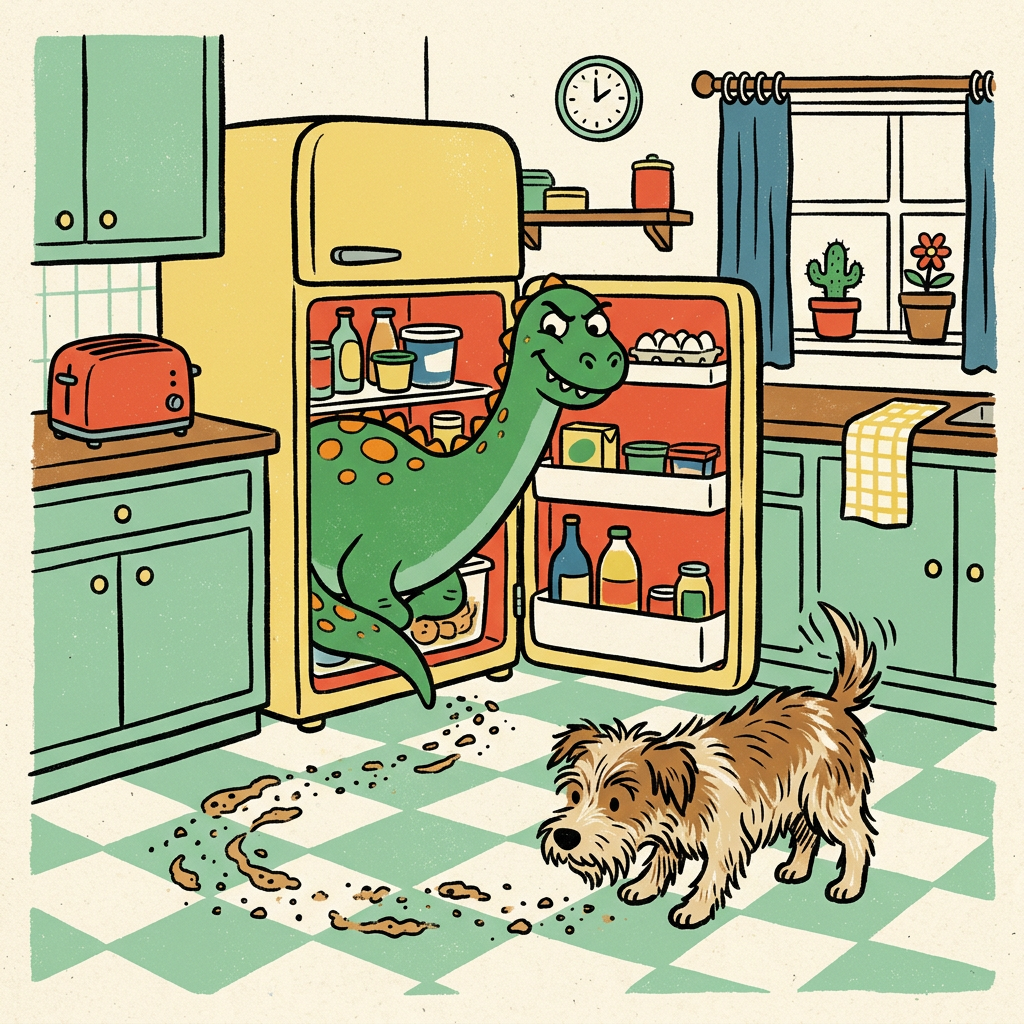 Illustrated kitchen with a green dinosaur raiding the fridge while a terrier sniffs crumbs