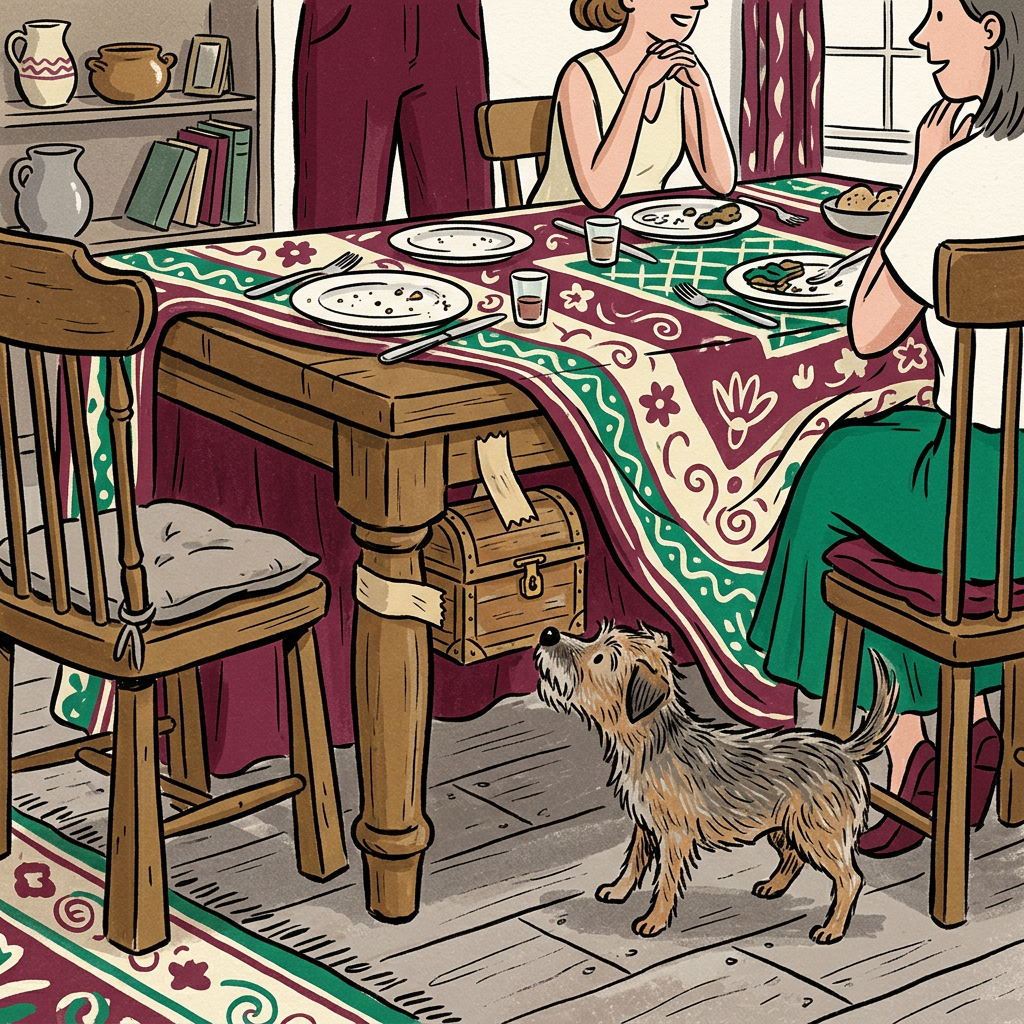 Illustration of a dinner table with a small treasure chest taped underneath and a terrier looking up at it