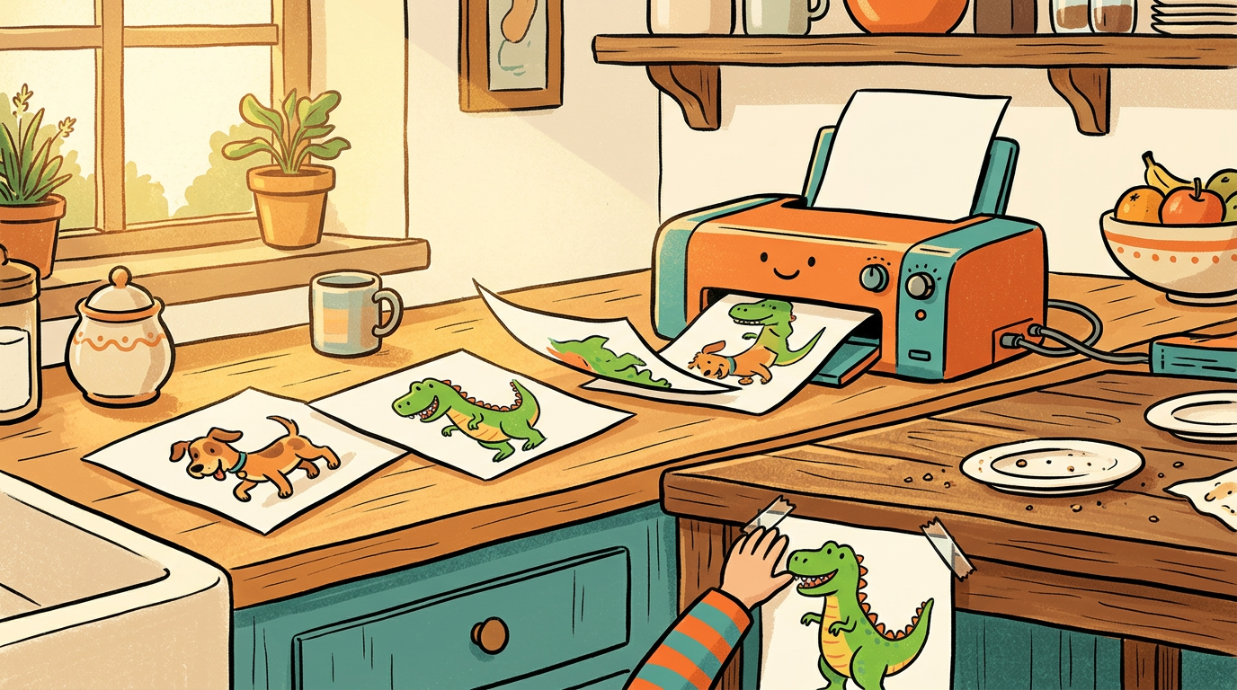 Illustration of a smiling printer on a kitchen counter printing dinosaur pages, with a hand taping one to a cupboard